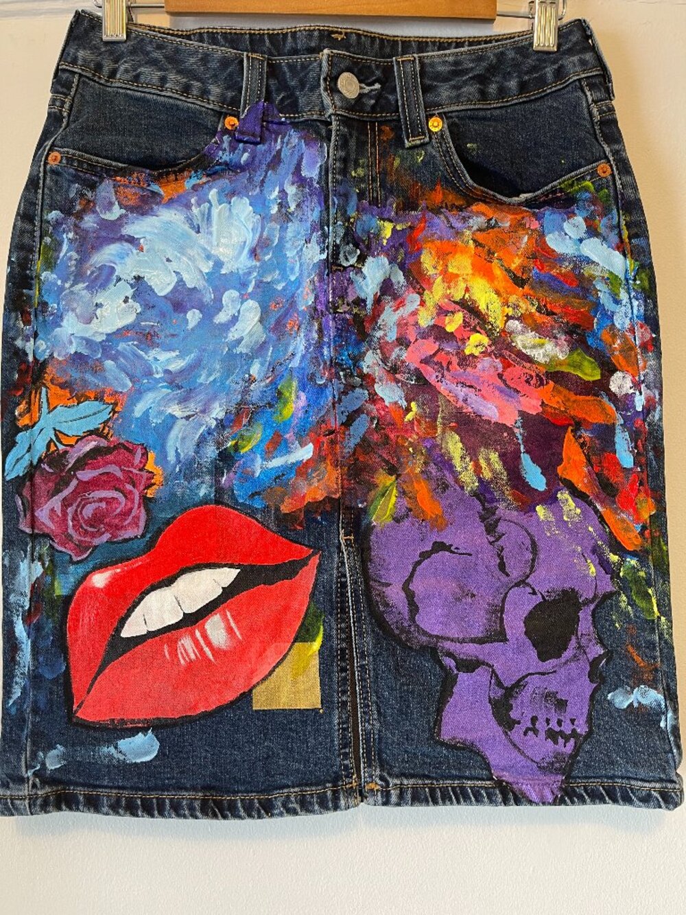 Hand-Painted above-knee denim skirt, Levi's